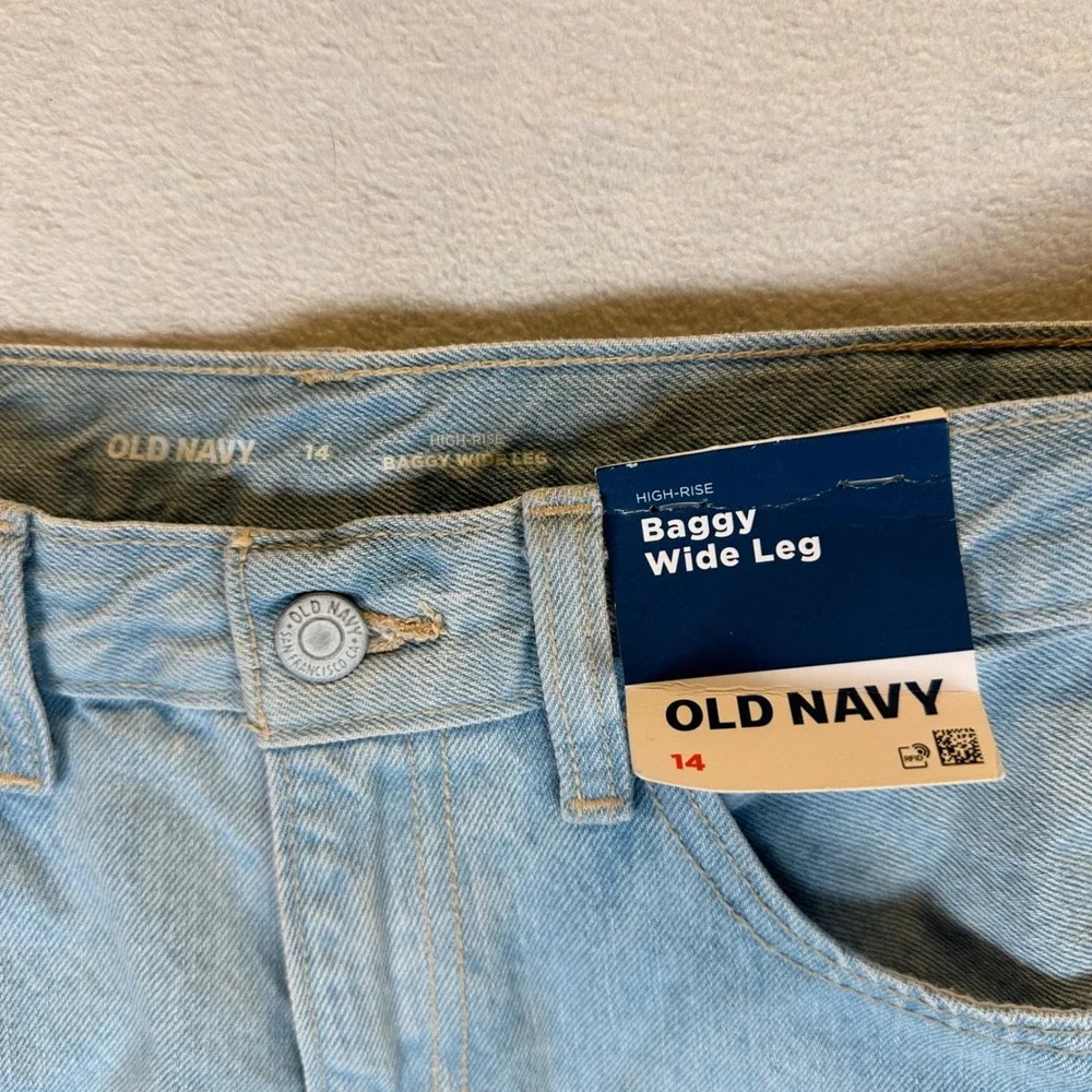 Old Navy Girls Baggy Wide Leg Jeans Light Wash Daisy Embroidered Size 14 NWT